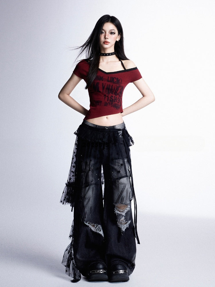 Rock and Hem Red Halter Neck Asymmetrical Neckline Graphic Cropped T-shirt Punk Y2K