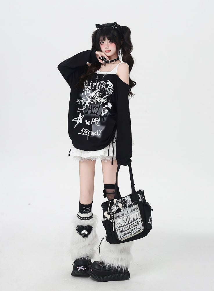 Star Y2K Print Open Shoulder Black/White Top Faux Two-pieces