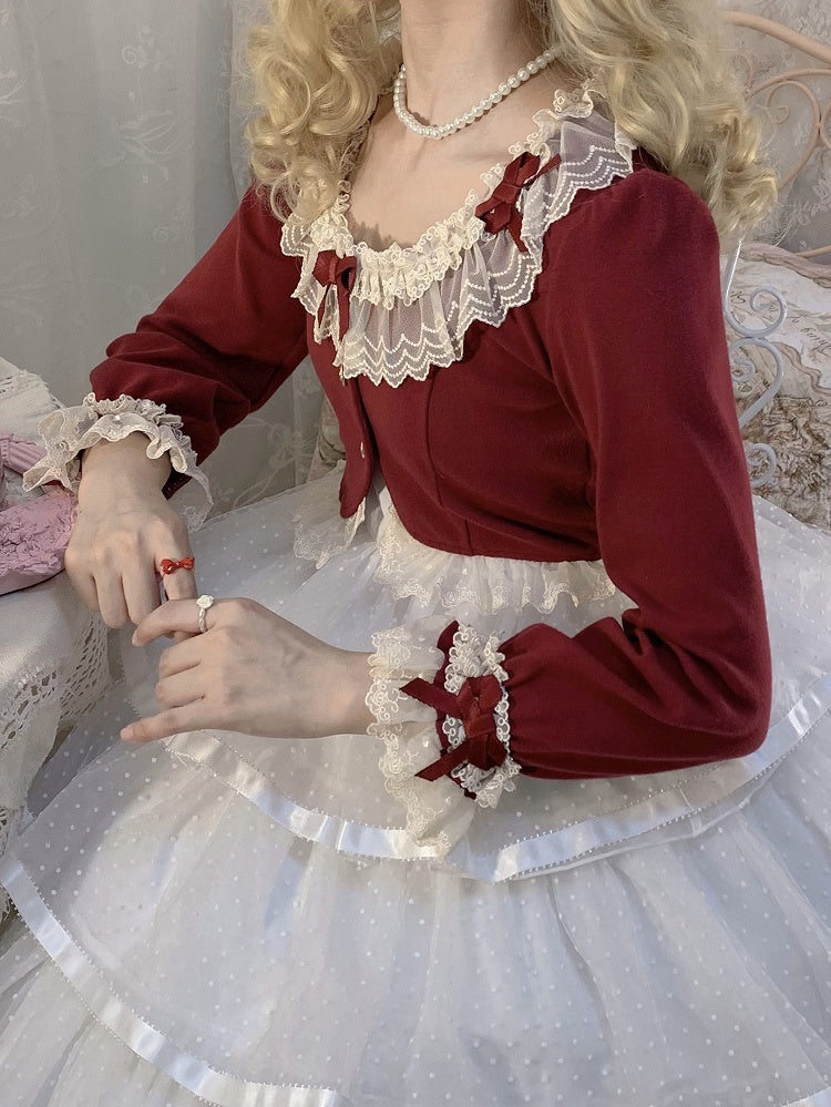 Christmas Lace Bow-Detailed Cropped Vibes Cardigan Red
