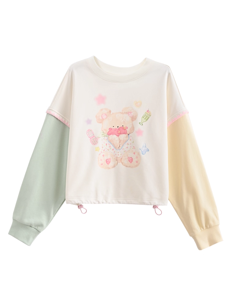 Green Teddy Bear Print Drawstring Sweatshirt Hem Yellow Design Colorblock Autumn and