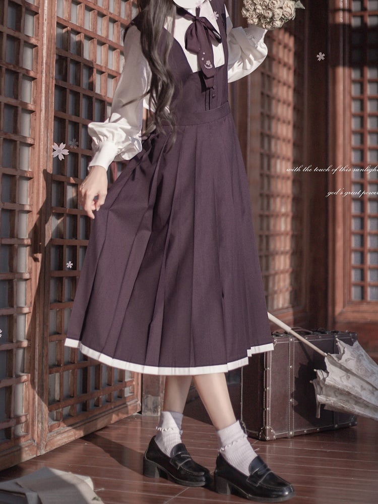 Purple Embroidery Floral Dusty in with High Waist Box Pleat Overall Dress