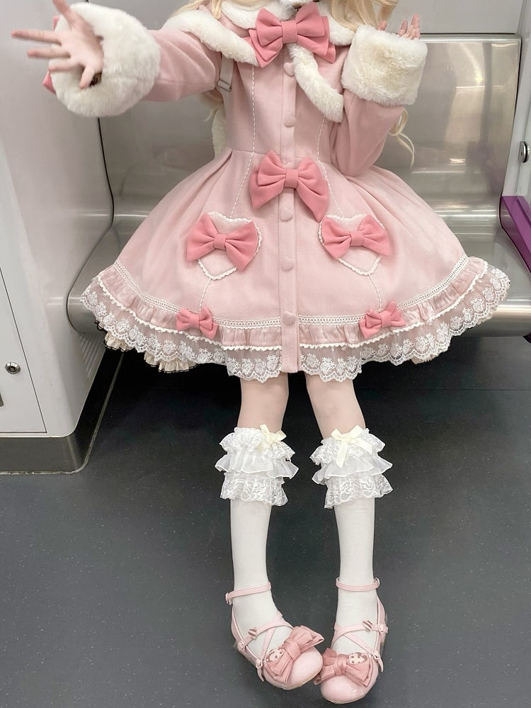 Light Pink Bow Accents Cape Lolita Coat with Lace Trim