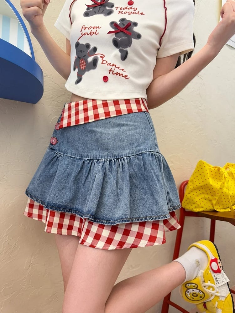 Two-pieces Tiered Denim Skirt Red Plaid Hem Blue High Waist Faux