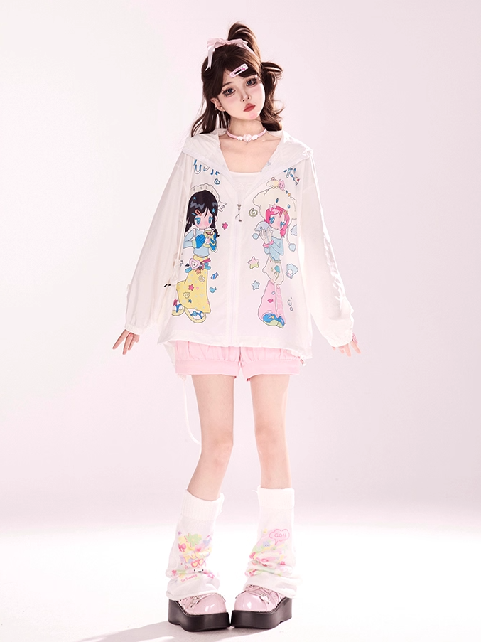 Zip-up Hooded Jacket Cartoon Girl Print White Y2K