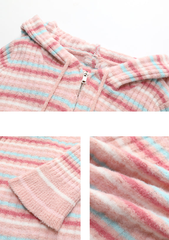 Black Pattern Stripe Hooded Cardigan / Pink