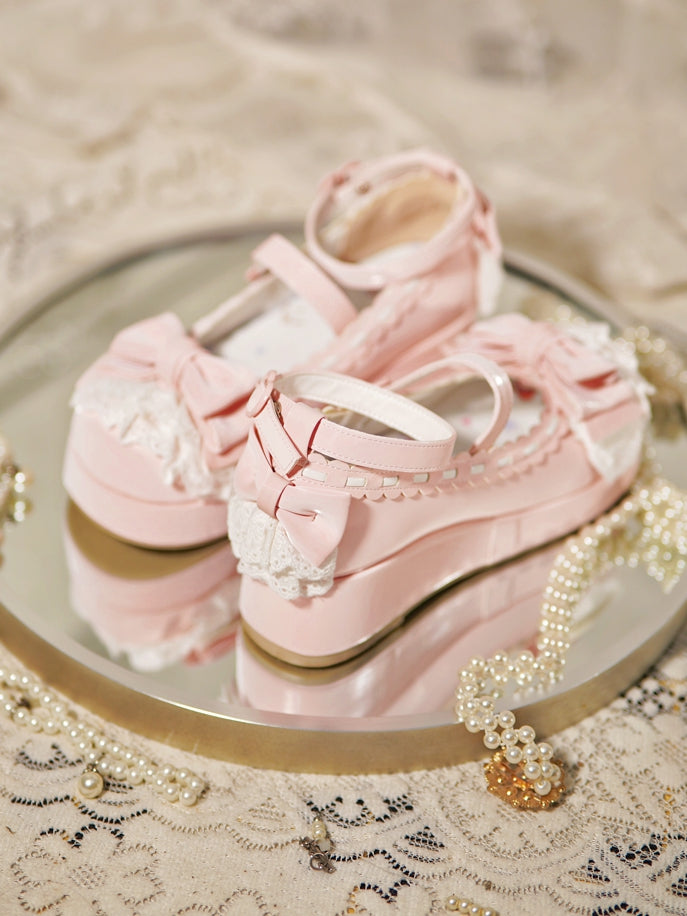 Top Heart Platforms Buckles at Bow Baby Pink Trim Lace