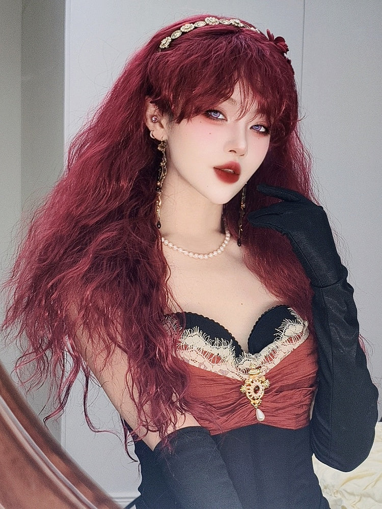 70CM Length Wavy With Bangs Wig Pink/Red