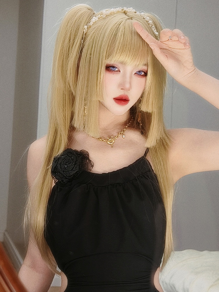 ブロンド姫カットロングストレート合成ウィッグ(ダブルクロークリップ付き)
