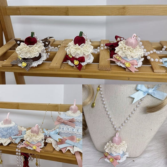 Decorations Lolita Sweet Cake Bow and Brown/Red/Blue Pendant Bead Necklace Lace with