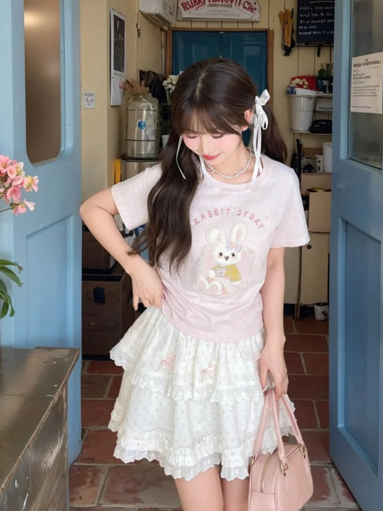 Pink Yume Adorable T-Shirt Bunny Applique Round Neck Kawaii