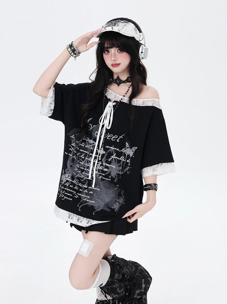 Black/White Graphic T-Shirt Hem Patches Asymmetrical Lace-up Neckline Lace