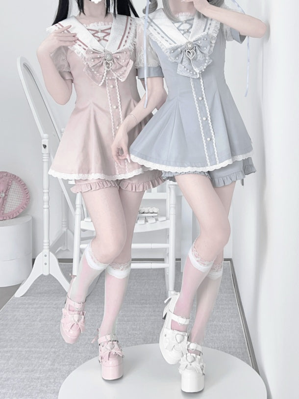 Set Pink/Light Blue Bow Shorts Back Sailor Collar Self-tie Mini Dress + Ruffled Light Hem Jirai Kei