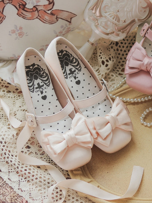 Toe - Ankle Square Top Janes Bow Mary Lolitacore Satin at Lace-up Beige