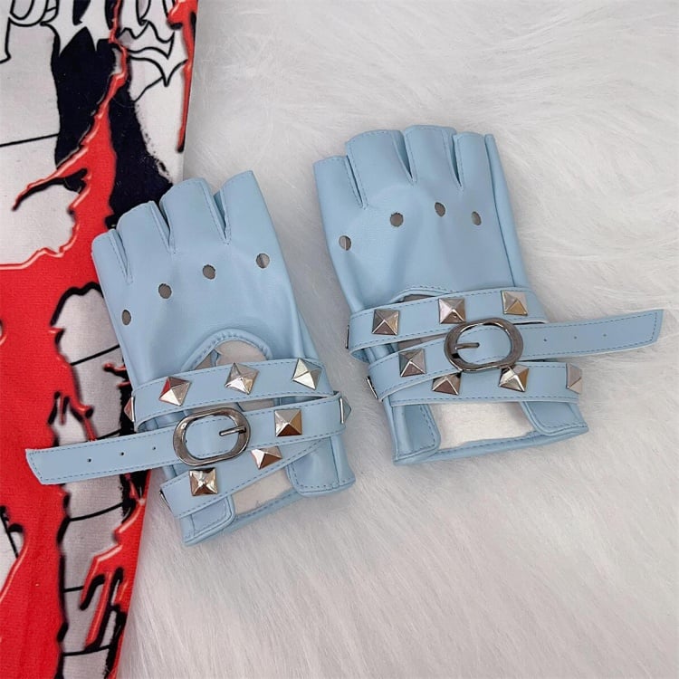 PU-Halbfingerhandschuhe mit Punk-Nieten und überkreuzten Riemen