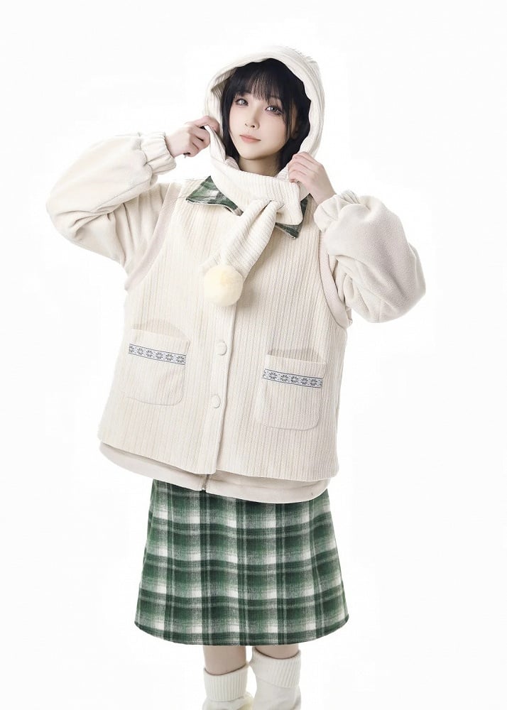 Apricot Horn Button Design Fleece Coat+Pompons Scarf+ Vest