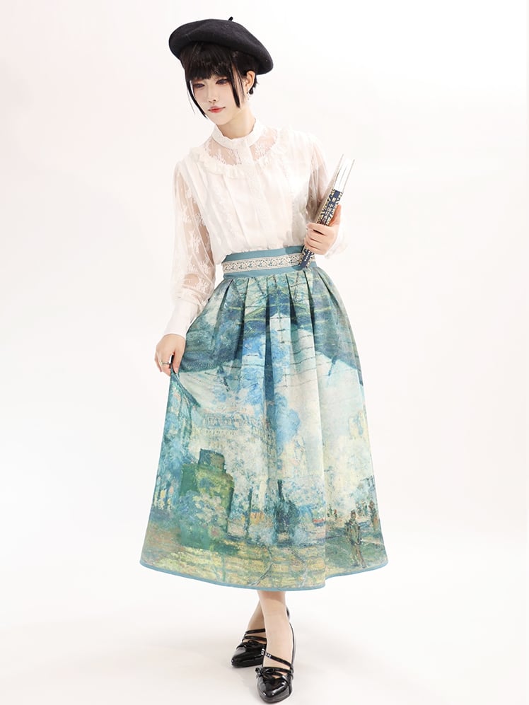 Saint-Lazare Oil Painting Print Green Waist Skirt Version Gare Long/Short High