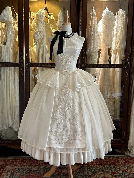 Lolita Neckholder Cremefarbene Detailstickerei Klassisches, zartes rückenfreies Kleid