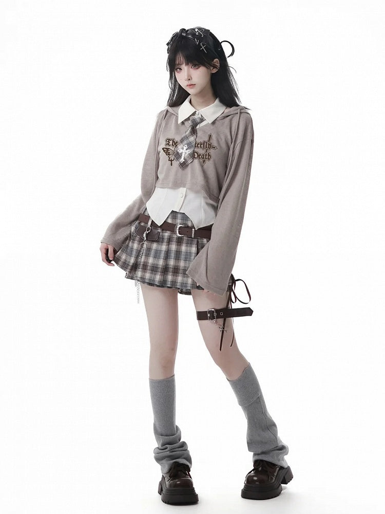 Y2K Lace-up Black Detail Plaid Skort with Buckle Belt and Chain White/ Khaki