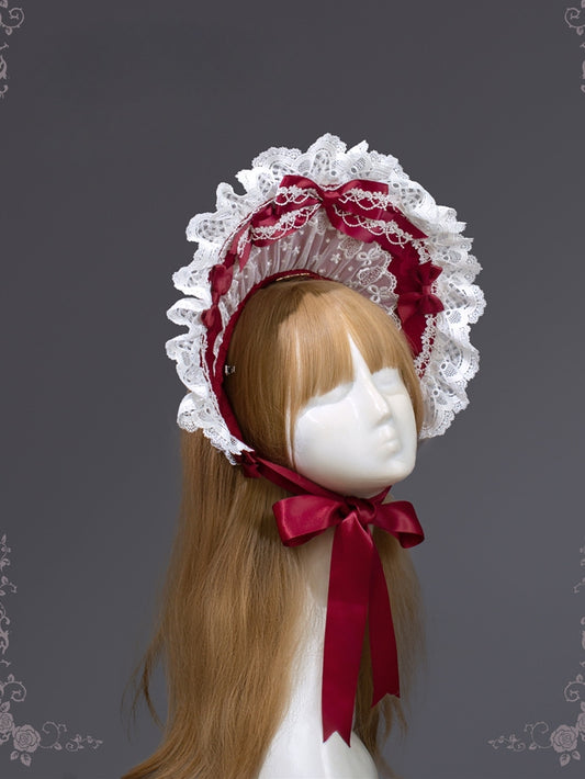 White and Wine Red Bow Accent Bonnet Lace Trim