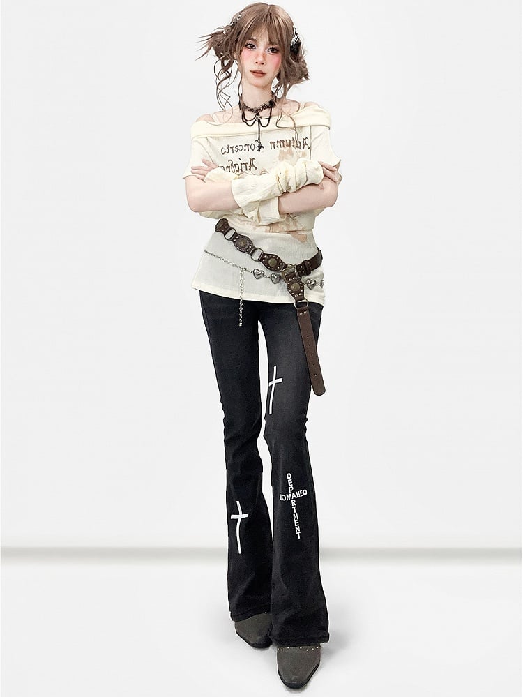 Flare Black Wings Print Y2K Jeans And Silhouette Cross