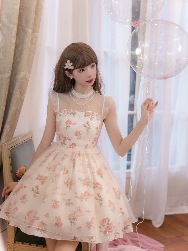 Dress Pink Print Rosette White Illusion Lolita Summer Neckline