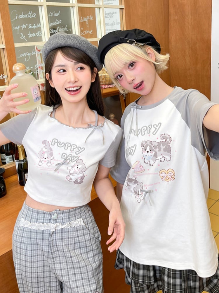 Gray Adorable Puppy Print Bowknot Long/Short Detail Version T-Shirt