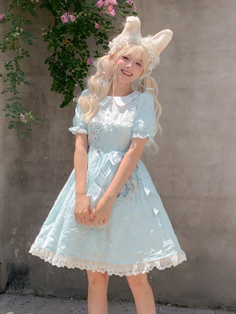 Embroidery Blue Puff Sleeves Dress in Wonderland Vibes Bunny Alice