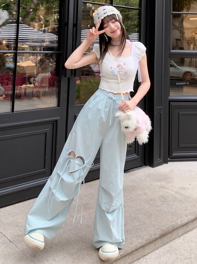 Blau/Rosa Hose mit weitem Bein und herzförmigem Ausschnitt und Kordelzug in der Taille