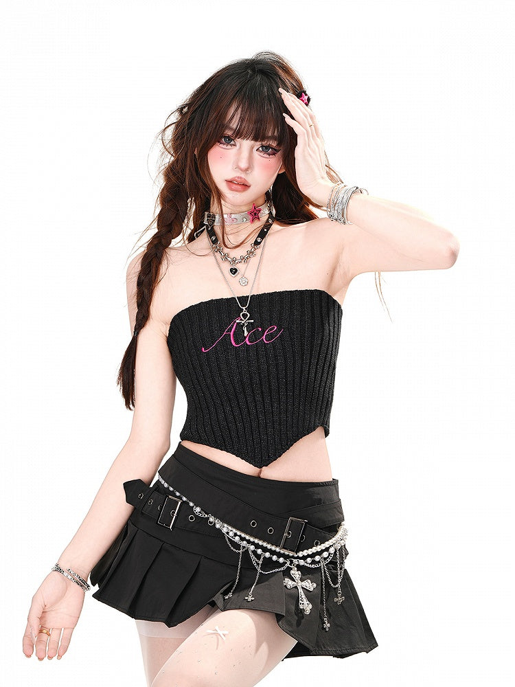 Black Curved Hem Glamorous Cropped Knitted Strapless Top with Lace-up Detail at Back