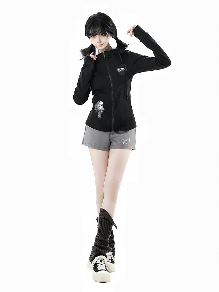 Long Sleeves Top Zip Closure Black/White Devil Horn Design Hood