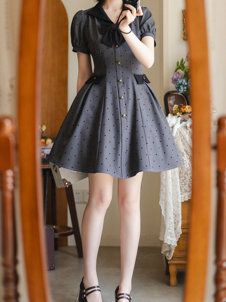 Black Gray Puff Dark Dress Sleeves Small Heart-shaped Pattern Fashion Retro