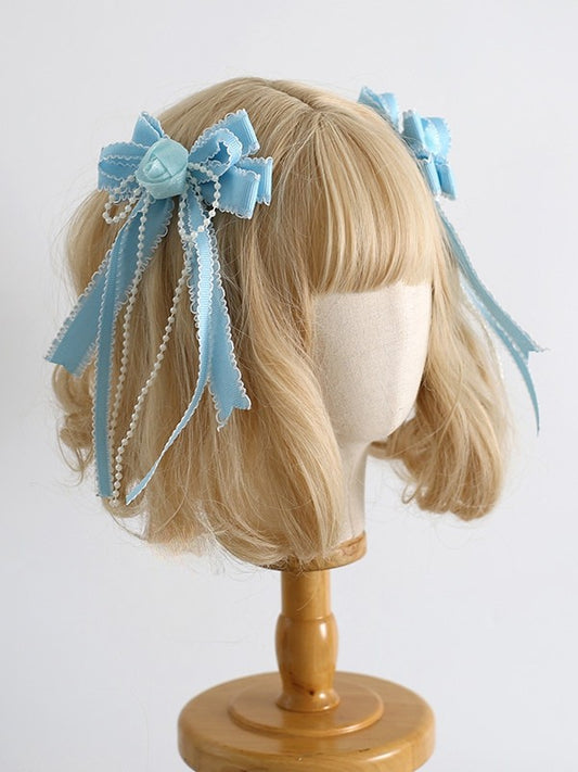 ヘアクリップ装飾デザインホワイトブルー蝶結び花柄ビーズスイートロリータ