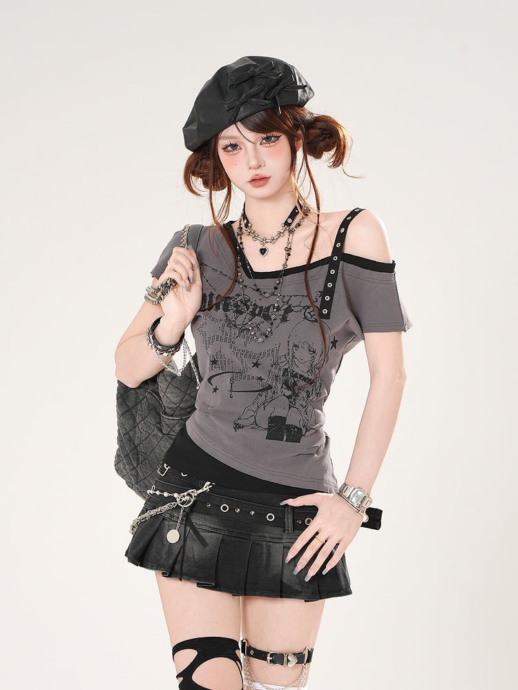 T-Shirt mit asymmetrischem Ausschnitt und schmaler Passform, Anime-Mädchen-Print, Grau/Weiß