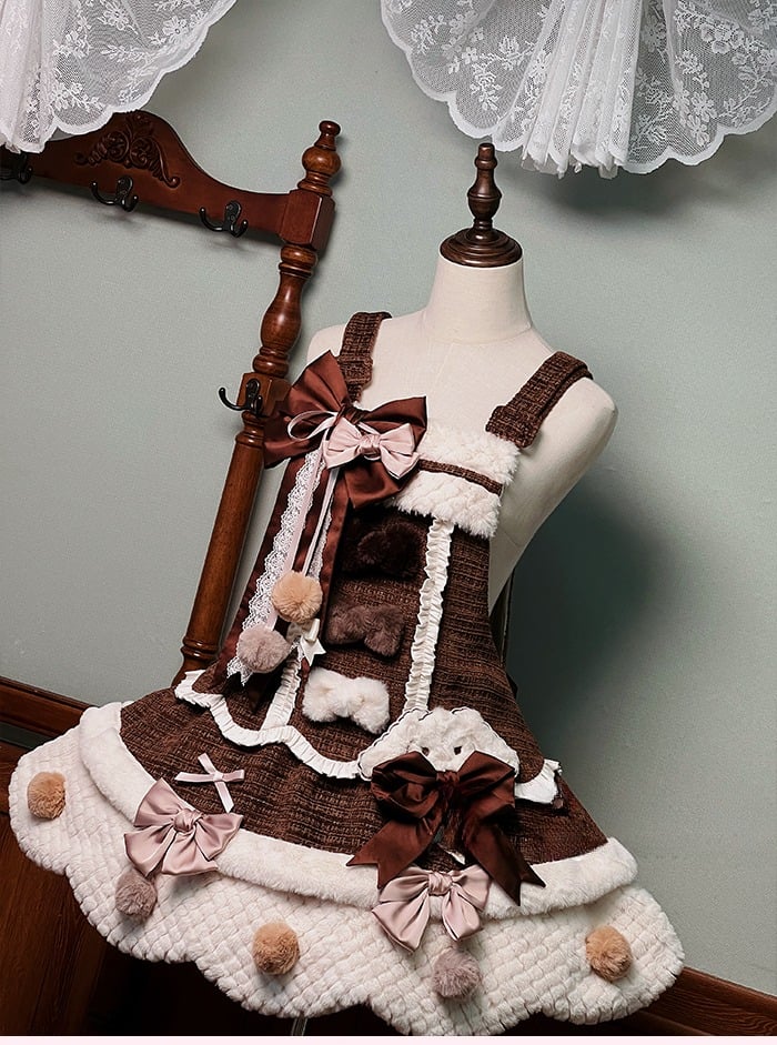 Dress and with Scalloped Brown White Sweet Trim Lolita Overalls Pom-poms Bowknots Edge