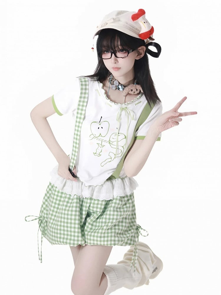 Bubble Shorts Grün Plaid Overalls Abnehmbare Träger Schulter