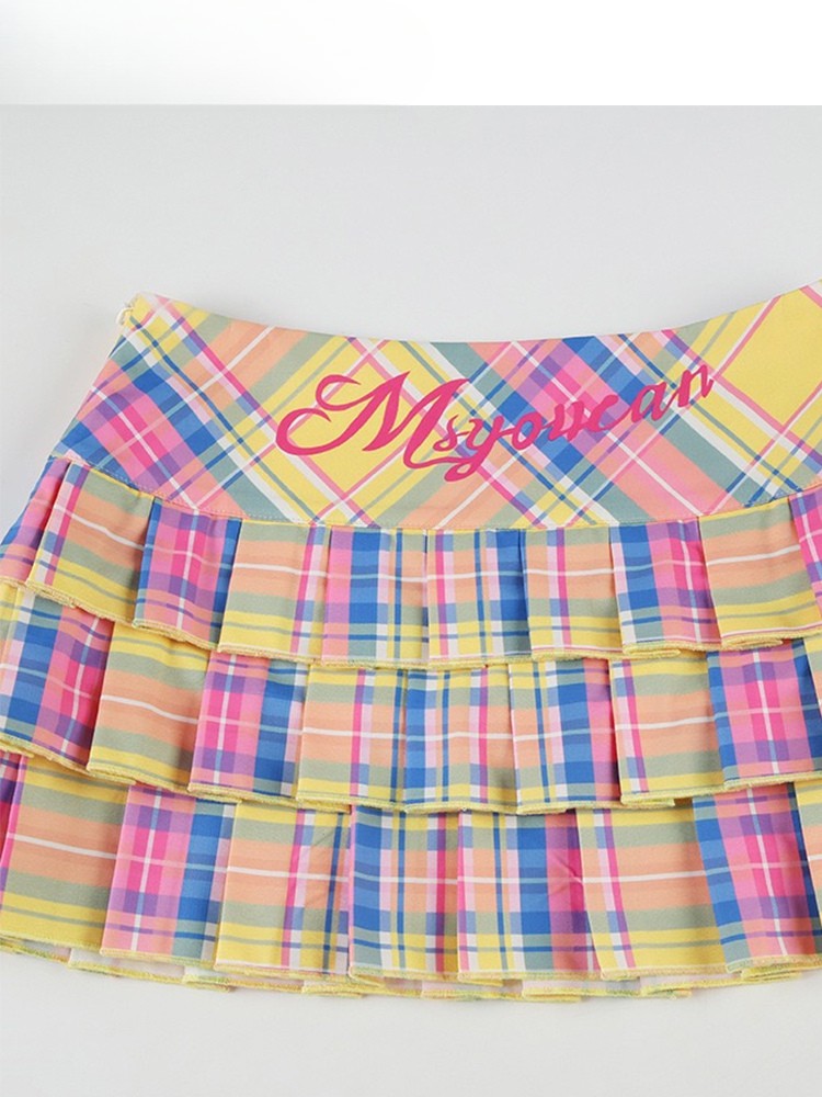 Print Colorful Skirt Y2K Pleated Pattern Plaid Letter