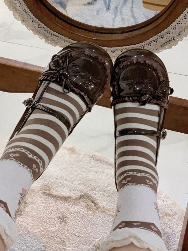 Sohle Leder Lolita geknotet süß braun Schleife flach Akzent mit Schuhe Rüschen Trim PU