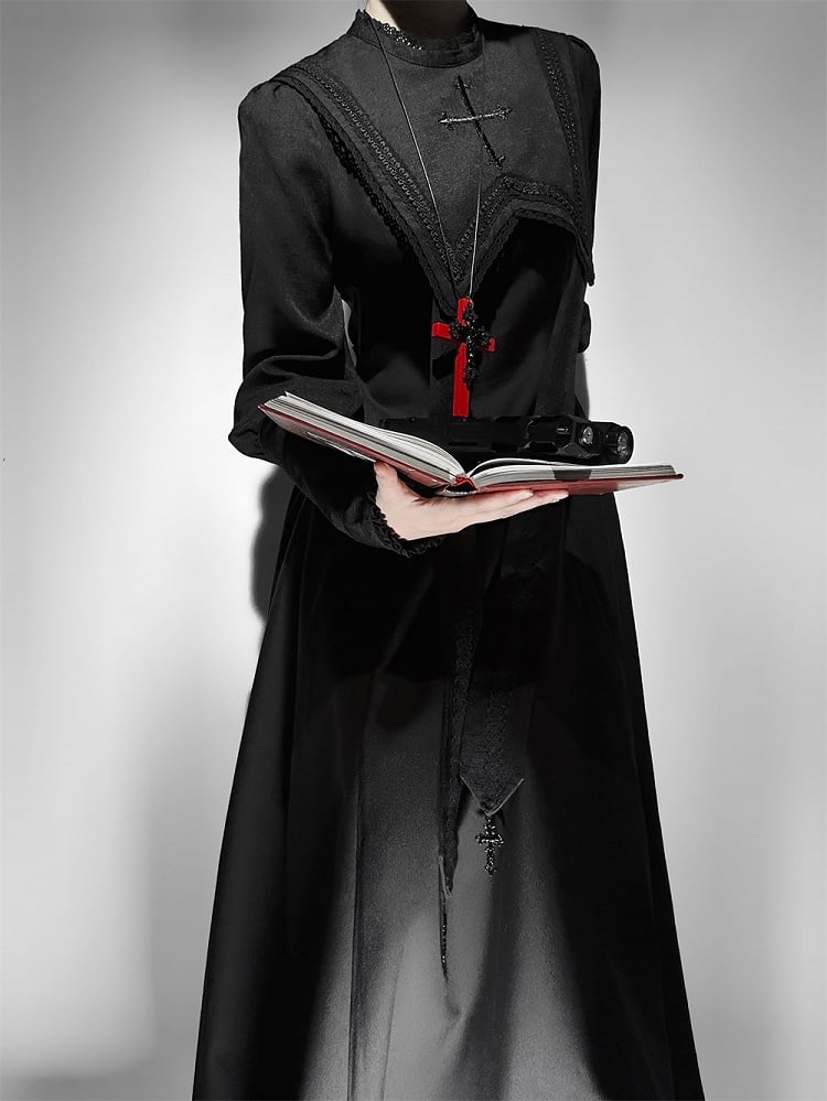 Stickerei Nonne Halloween Ärmeln Leg-of-Mutton Kleid Schwarz Outfits Lolita Kreuz