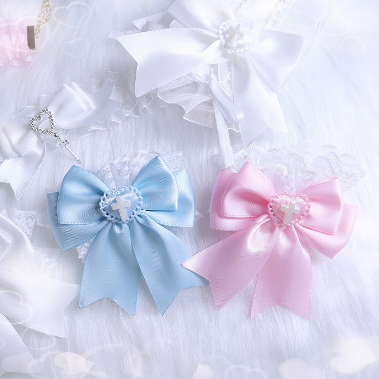 Rosa/Blau/Weißes Jirai Kei-Kreuz verziertes Haarband/Halskette/Armband mit Spitzenbesatz und Schleife