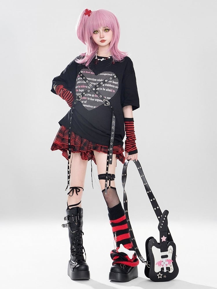 Red With Punk Buckle Metal Straps Print Top Black Heart And