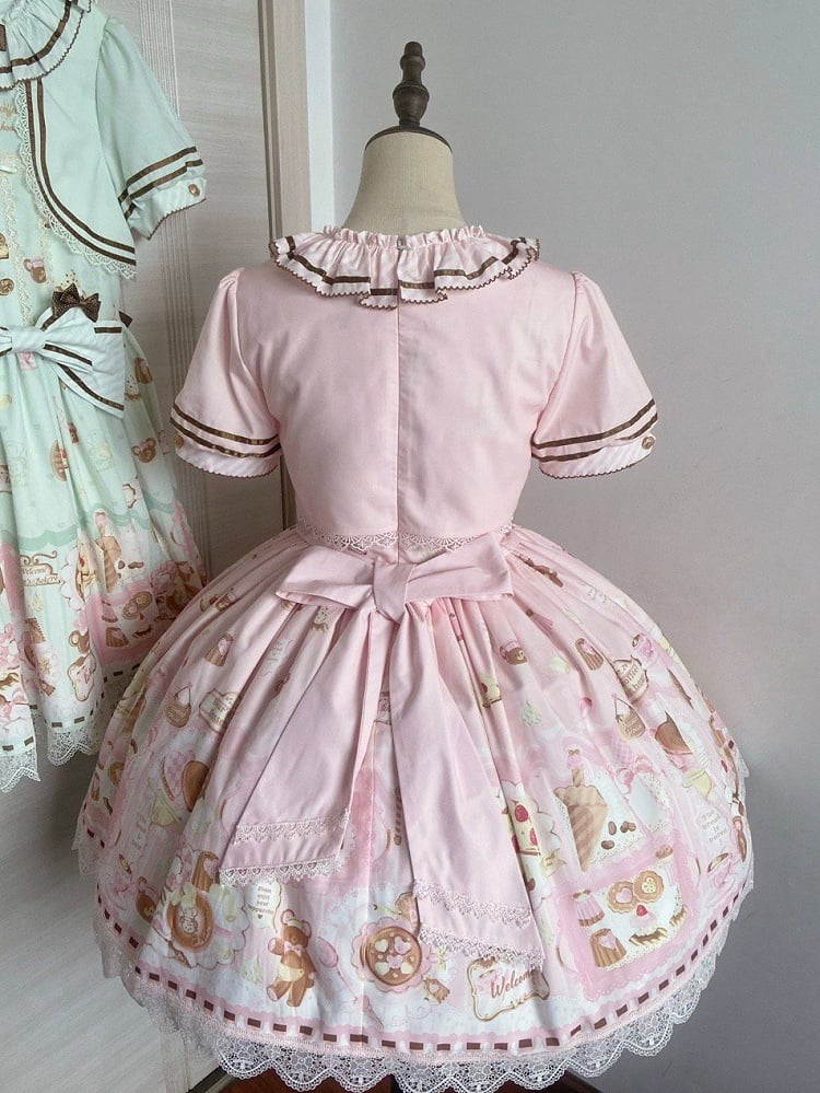 Two-pieces Theme Fake Desserts Bear Dress Pink Lolita Sweet Print Design