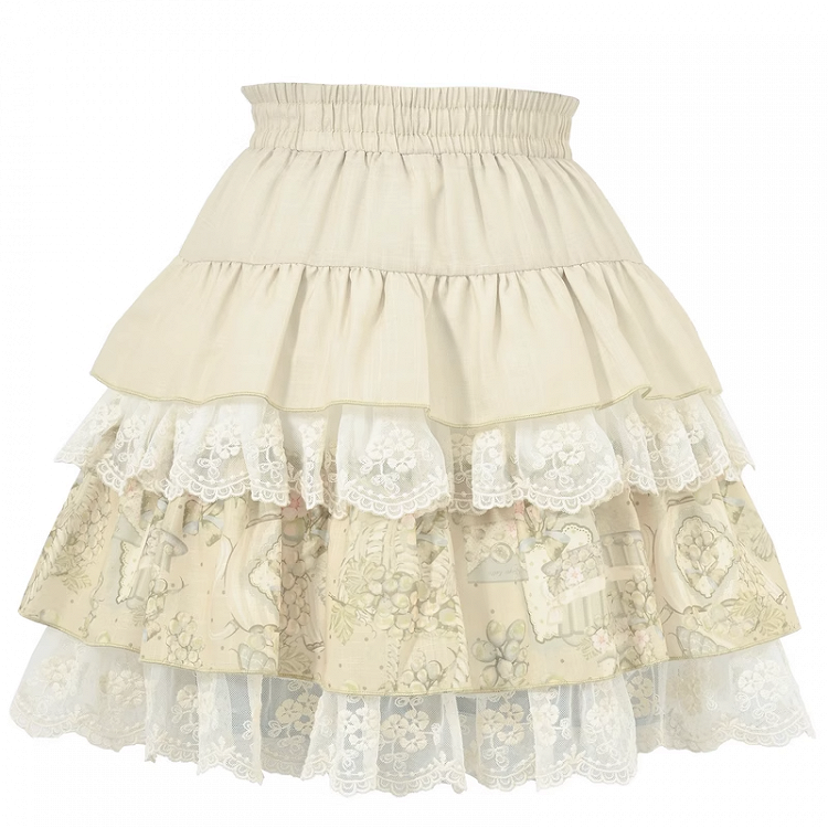 Light Vintage Print Lace Trim Tiered Skirt Green Elastic Waist