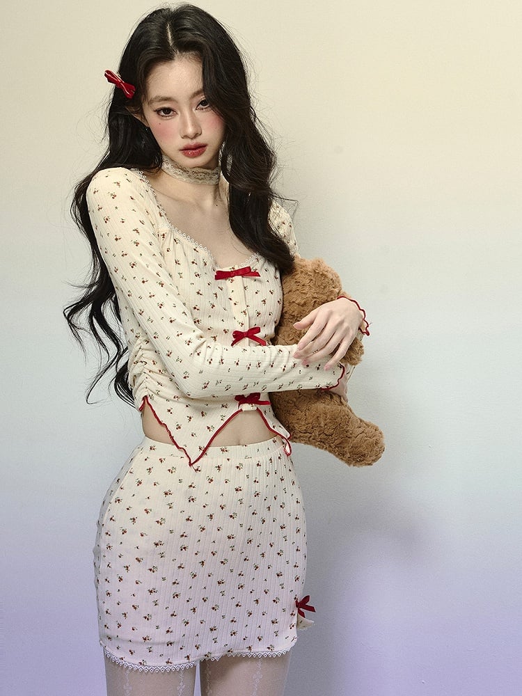 Apricot Floral Pattern Square Neckline Crop Top with Bowknot Details