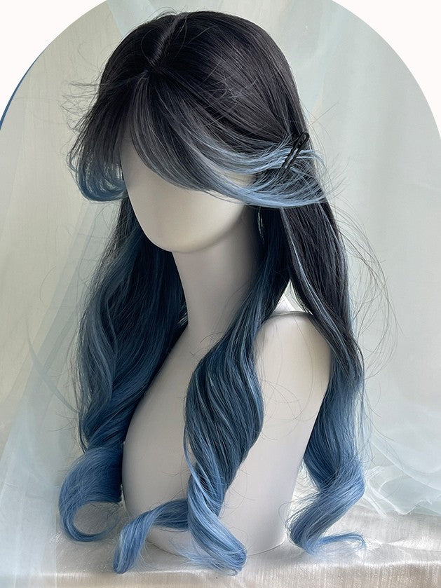 Ombre Blue Bangs Wavy Black Wig 65CM And With Length