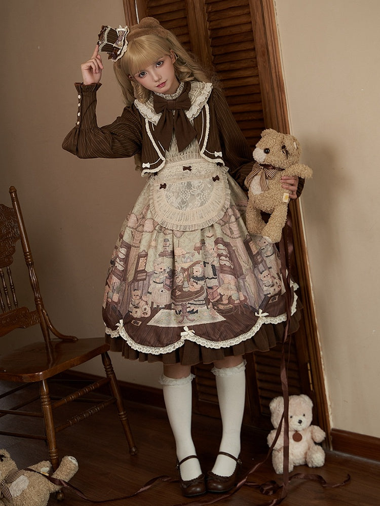 Print Lolita Two Teddy House Pieces Dress Coffee Design Long Green Sleeves Fake
