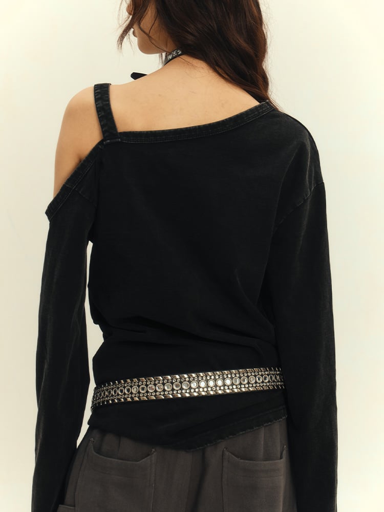 Cutout Shoulder Top Y2K Punk Black Asymmetrical