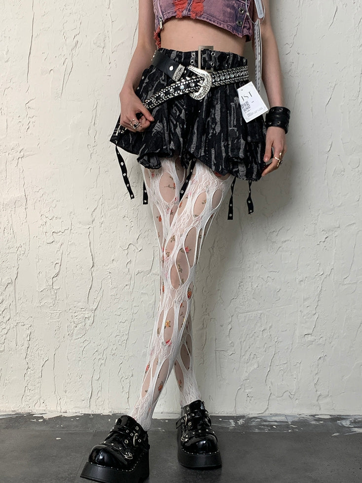 Cut-out Floral Design Y2K + Tights White Pattern
