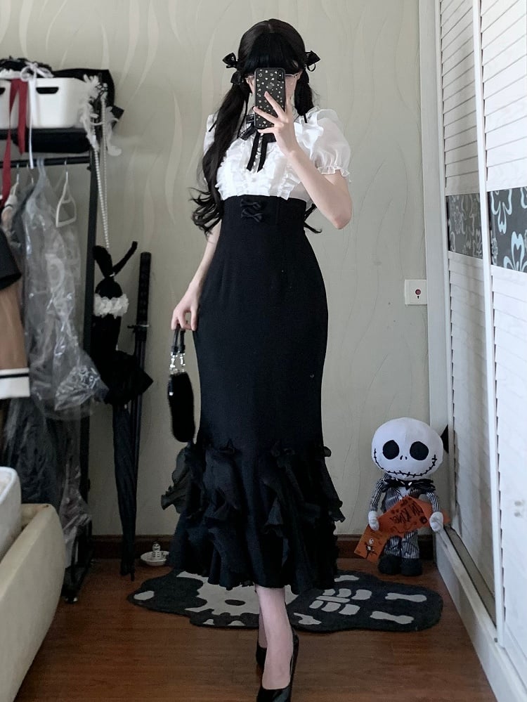 Lolita White Pieces Black Elegant Two Design Mermaid and Dress Waist Skirt Boned Fake Blouse
