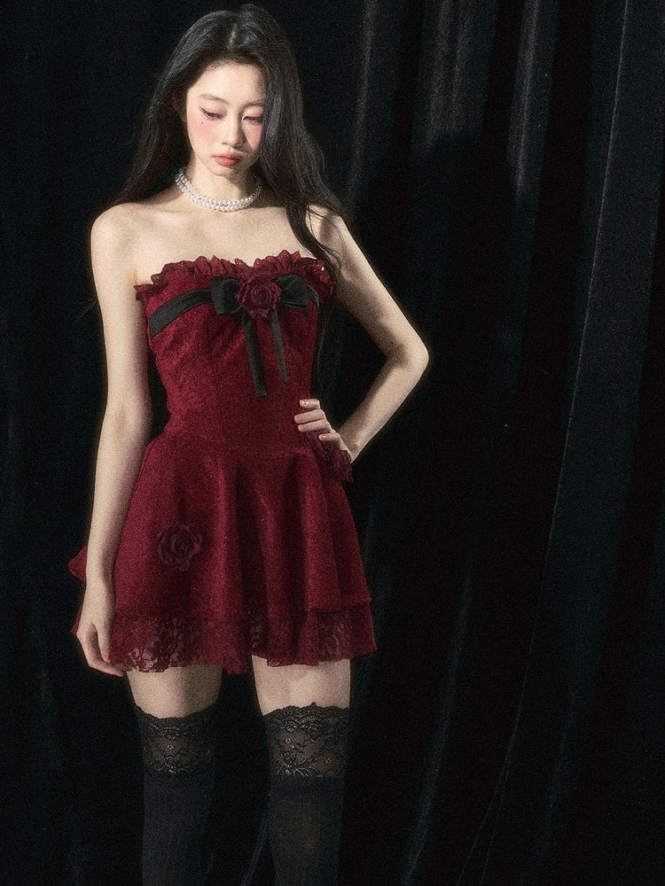 Roses Embellishments Christmas Wine Red Strapless Dress with Plush Shawl Set