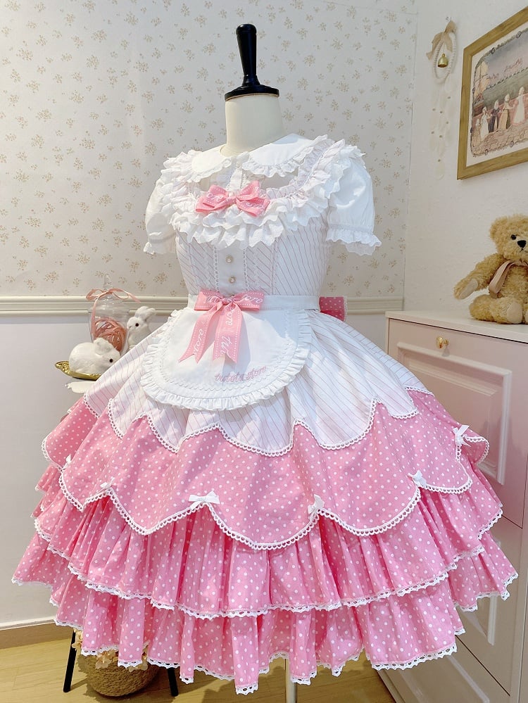 Lolita Old School Pattern Dots Pink Polka and Stripes Jumper Dress Skirt